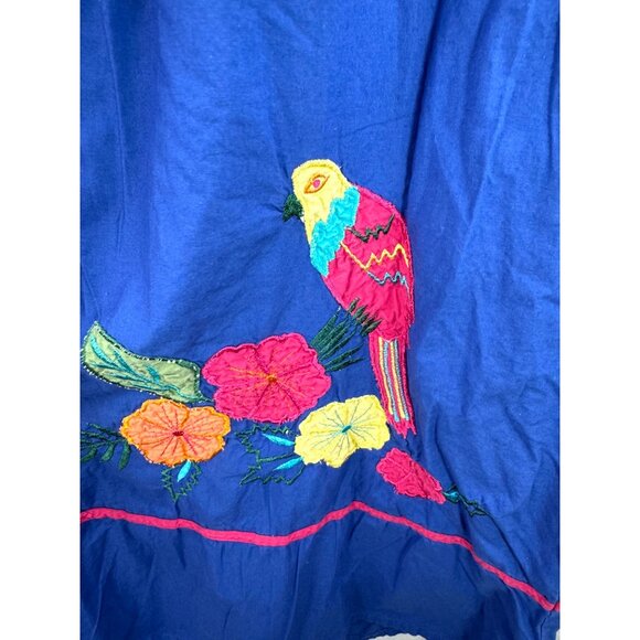 VTG National floral bird embroidered tropical midi dress blue 90s sz M - Picture 5 of 8